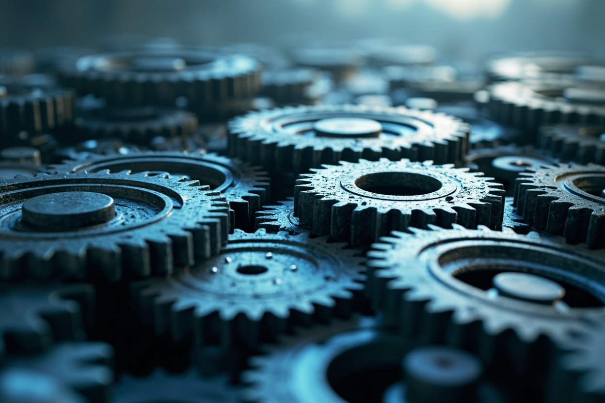 Interconnected gears representing digital marketing strategies, in a cool-toned, Moebius-inspired style.