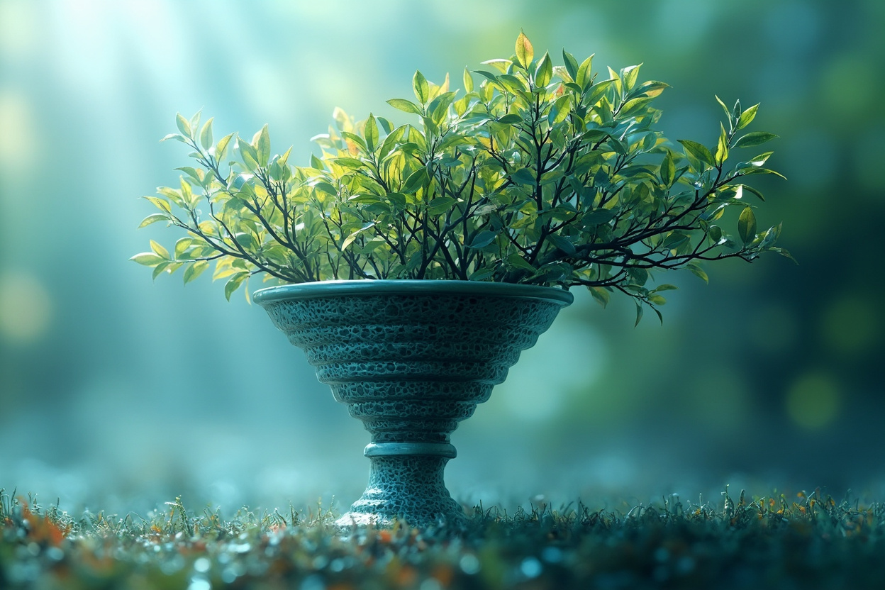Digital marketing funnel transforming into a flourishing tree, symbolizing growth and ROI.