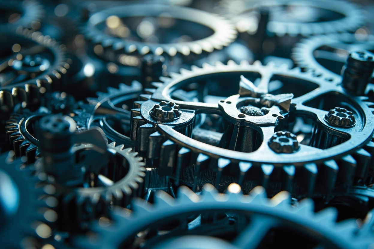 Interconnected gears representing digital marketing strategies, symbolizing ROI and sustainable growth.